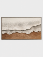 Large oversized 100% hand-painted panoramic modern abstract canvas painting with heavy 3D plaster palette knife texture featuring a misty grey and earthy warm brown abstract horizon landscape by Leo Liang for living room decor.