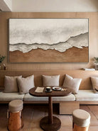 Large oversized 100% hand-painted panoramic modern abstract canvas painting with heavy 3D plaster palette knife texture featuring a misty grey and earthy warm brown abstract horizon landscape by Leo Liang for living room decor.
