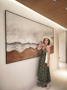 Large oversized 100% hand-painted panoramic modern abstract canvas painting with heavy 3D plaster palette knife texture featuring a misty grey and earthy warm brown abstract horizon landscape by Leo Liang for living room decor.