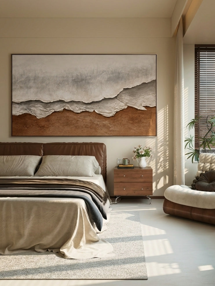 Large oversized 100% hand-painted panoramic modern abstract canvas painting with heavy 3D plaster palette knife texture featuring a misty grey and earthy warm brown abstract horizon landscape by Leo Liang for living room decor.