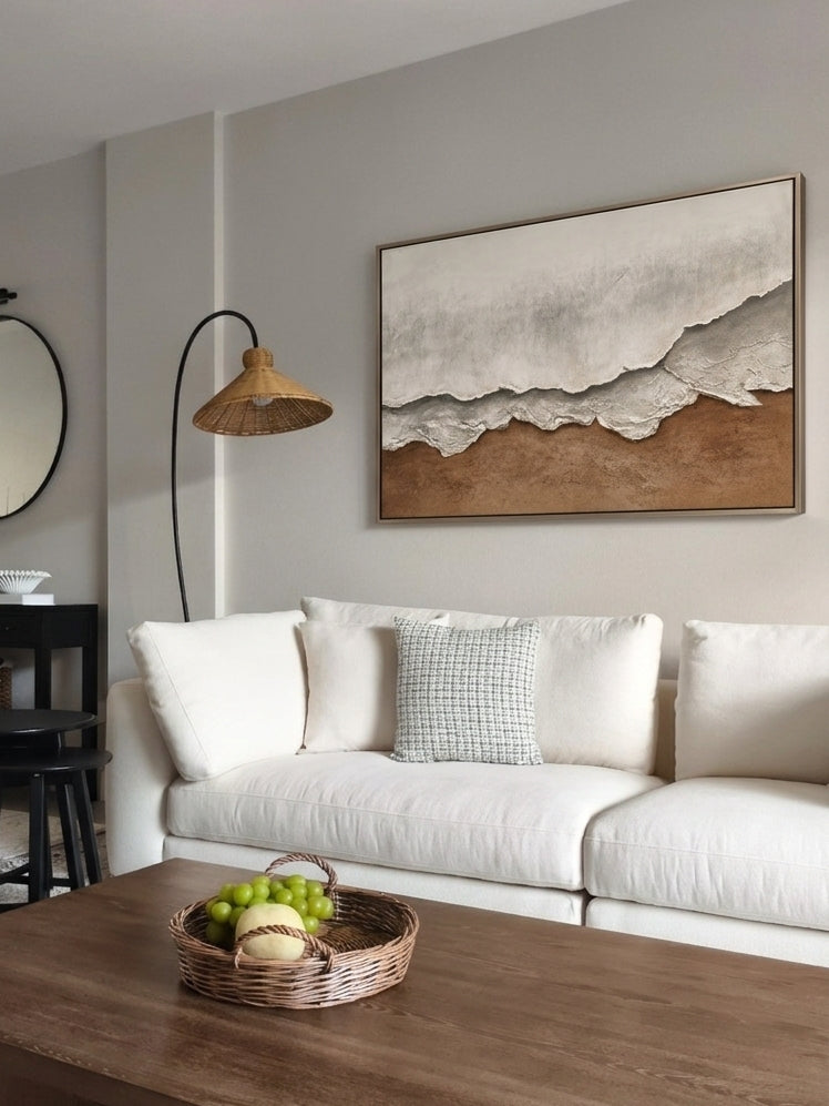 Large oversized 100% hand-painted panoramic modern abstract canvas painting with heavy 3D plaster palette knife texture featuring a misty grey and earthy warm brown abstract horizon landscape by Leo Liang for living room decor.