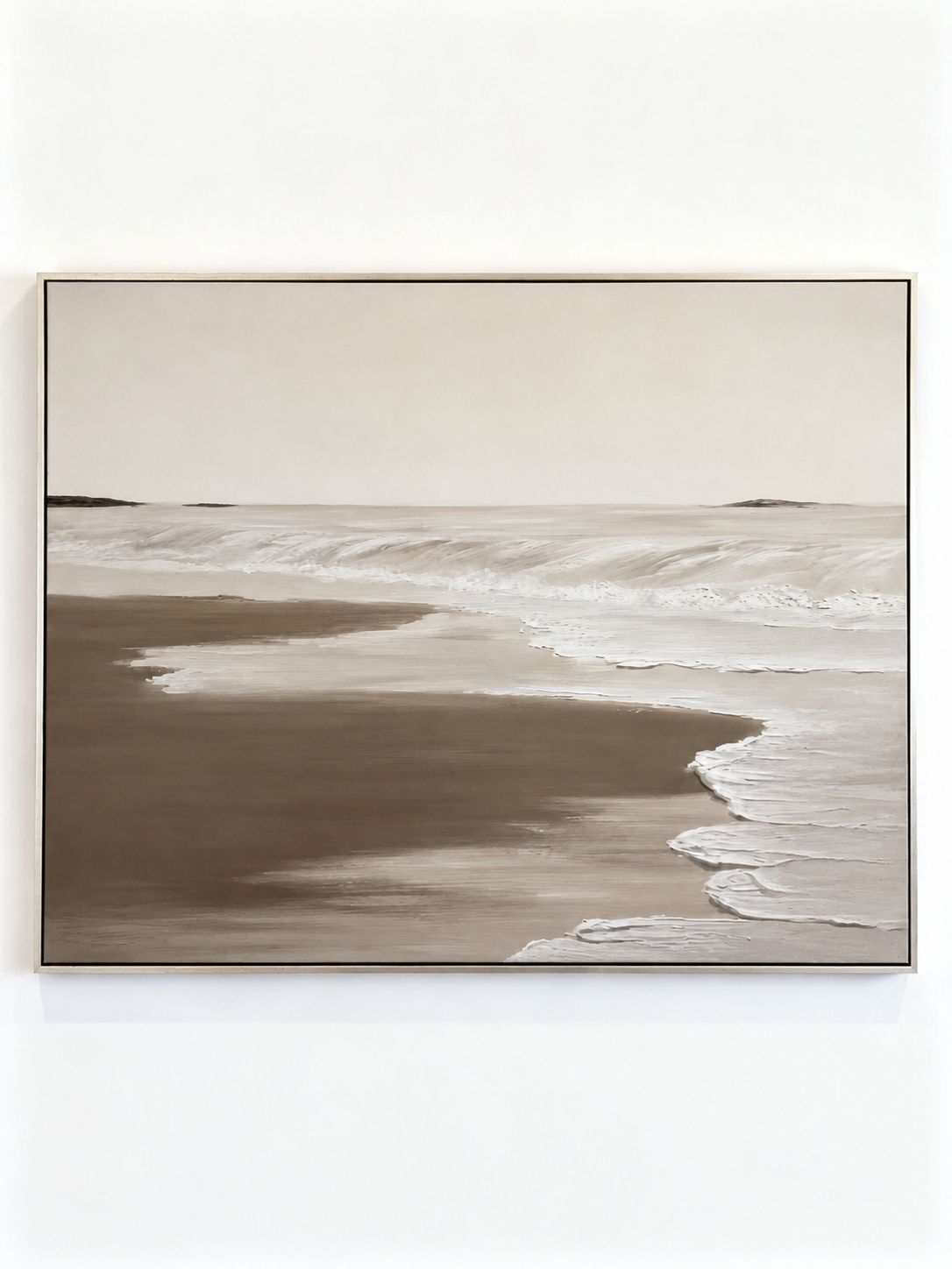 100% hand-painted minimalist coastal abstract painting with heavy 3D impasto texture, neutral sand and cream color palette, titled Serene Shoreline by Leo Liang.