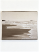 100% hand-painted minimalist coastal abstract painting with heavy 3D impasto texture, neutral sand and cream color palette, titled Serene Shoreline by Leo Liang.