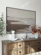 100% hand-painted minimalist coastal abstract painting with heavy 3D impasto texture, neutral sand and cream color palette, titled Serene Shoreline by Leo Liang.