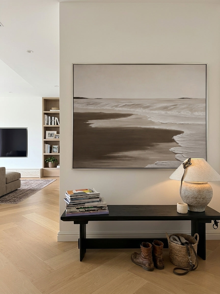100% hand-painted minimalist coastal abstract painting with heavy 3D impasto texture, neutral sand and cream color palette, titled Serene Shoreline by Leo Liang.