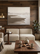 100% hand-painted minimalist coastal abstract painting with heavy 3D impasto texture, neutral sand and cream color palette, titled Serene Shoreline by Leo Liang.