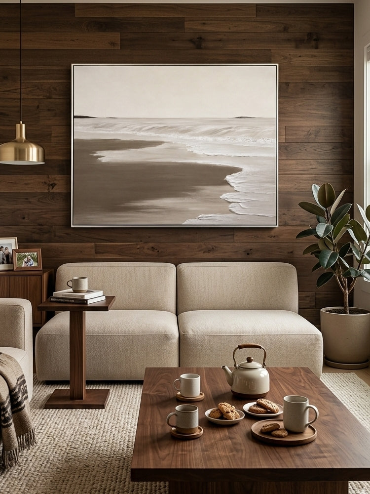 100% hand-painted minimalist coastal abstract painting with heavy 3D impasto texture, neutral sand and cream color palette, titled Serene Shoreline by Leo Liang.
