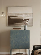 100% hand-painted minimalist coastal abstract painting with heavy 3D impasto texture, neutral sand and cream color palette, titled Serene Shoreline by Leo Liang.