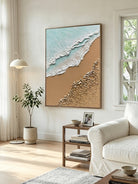 Large hand-painted 3D textured ocean beach canvas painting with sculpted waves and pebbles by Leo Liang for coastal living room decor.