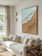 Large hand-painted 3D textured ocean beach canvas painting with sculpted waves and pebbles by Leo Liang for coastal living room decor.