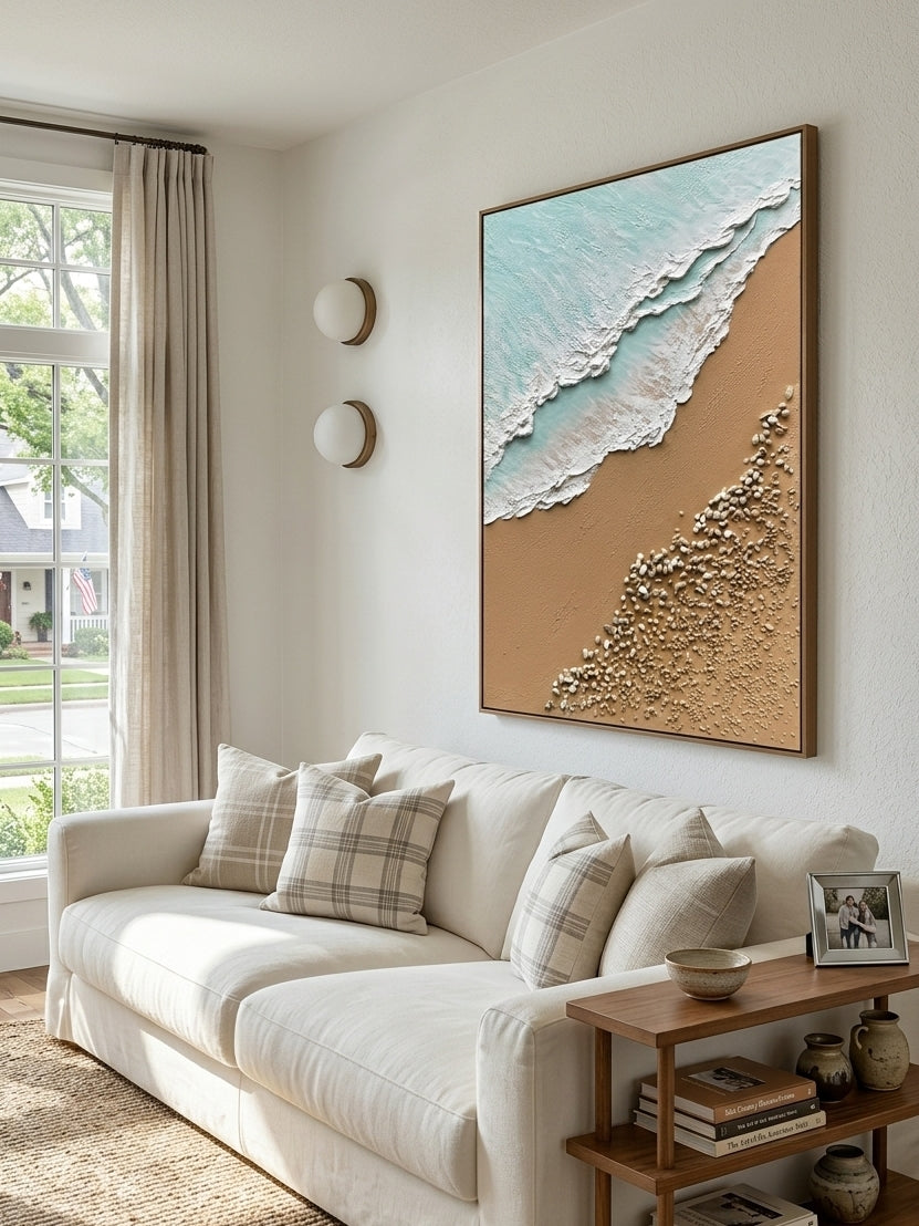 Large hand-painted 3D textured ocean beach canvas painting with sculpted waves and pebbles by Leo Liang for coastal living room decor.