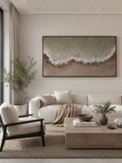 Large 100% hand-painted panoramic modern abstract canvas painting with heavy 3D palette knife texture featuring sage green and earthy clay color-blocking by Leo Liang for living room wall decor.