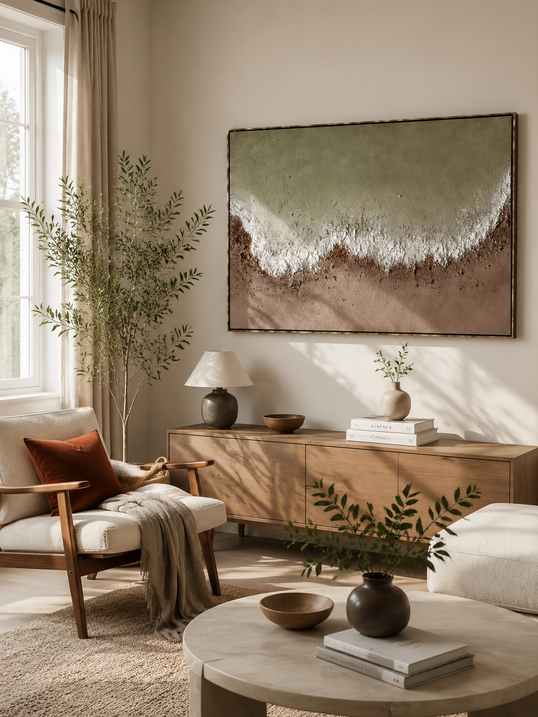 Large 100% hand-painted panoramic modern abstract canvas painting with heavy 3D palette knife texture featuring sage green and earthy clay color-blocking by Leo Liang for living room wall decor.