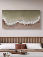 Large 100% hand-painted panoramic modern abstract canvas painting with heavy 3D palette knife texture featuring sage green and earthy clay color-blocking by Leo Liang for living room wall decor.