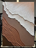 Close-up of heavy textured 3D abstract hand-painting in terracotta and white tones, showcasing impasto technique by Leo Liang for modern living room decor.