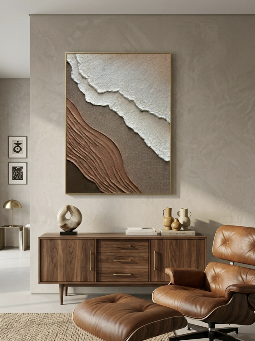 Close-up of heavy textured 3D abstract hand-painting in terracotta and white tones, showcasing impasto technique by Leo Liang for modern living room decor.