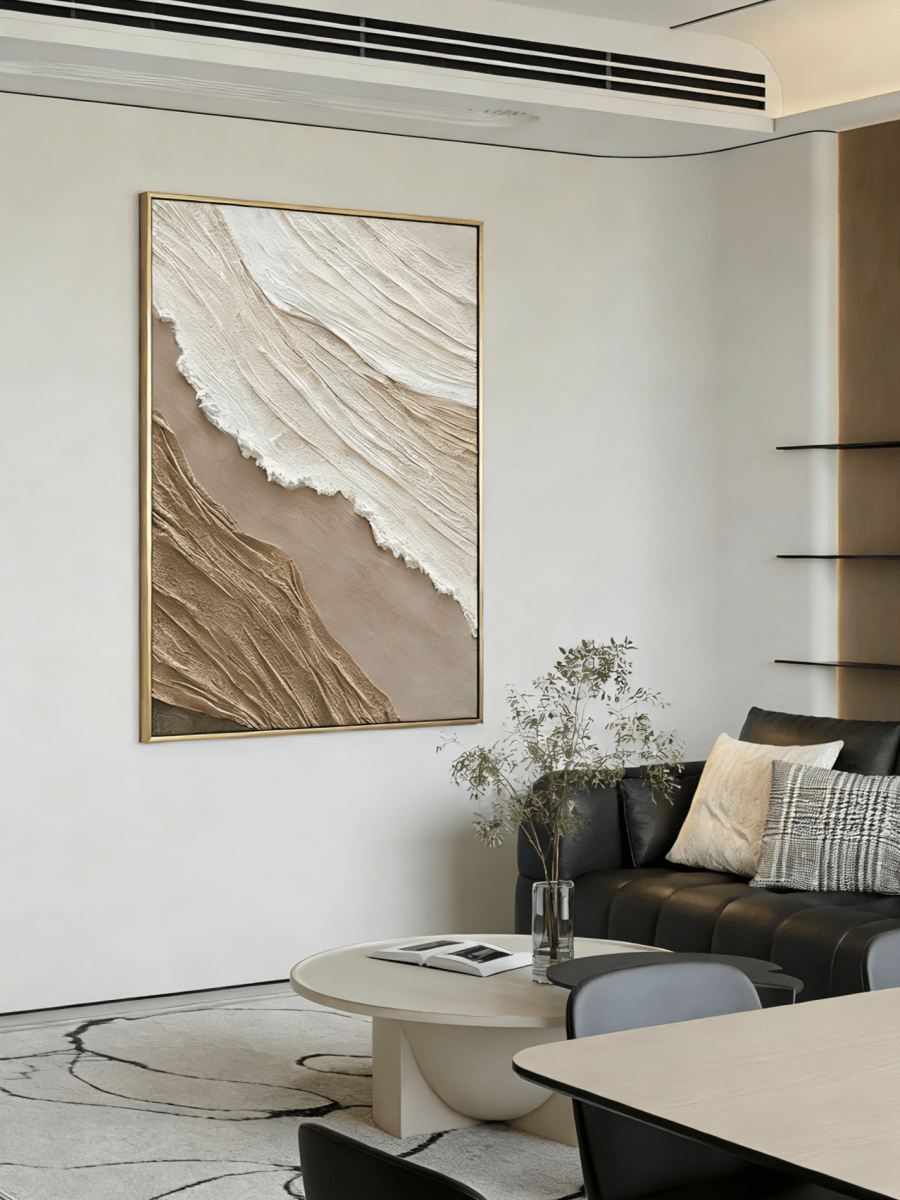 Extra large vertical 3D textured abstract painting with heavy white and beige impasto ridges for modern neutral living room.