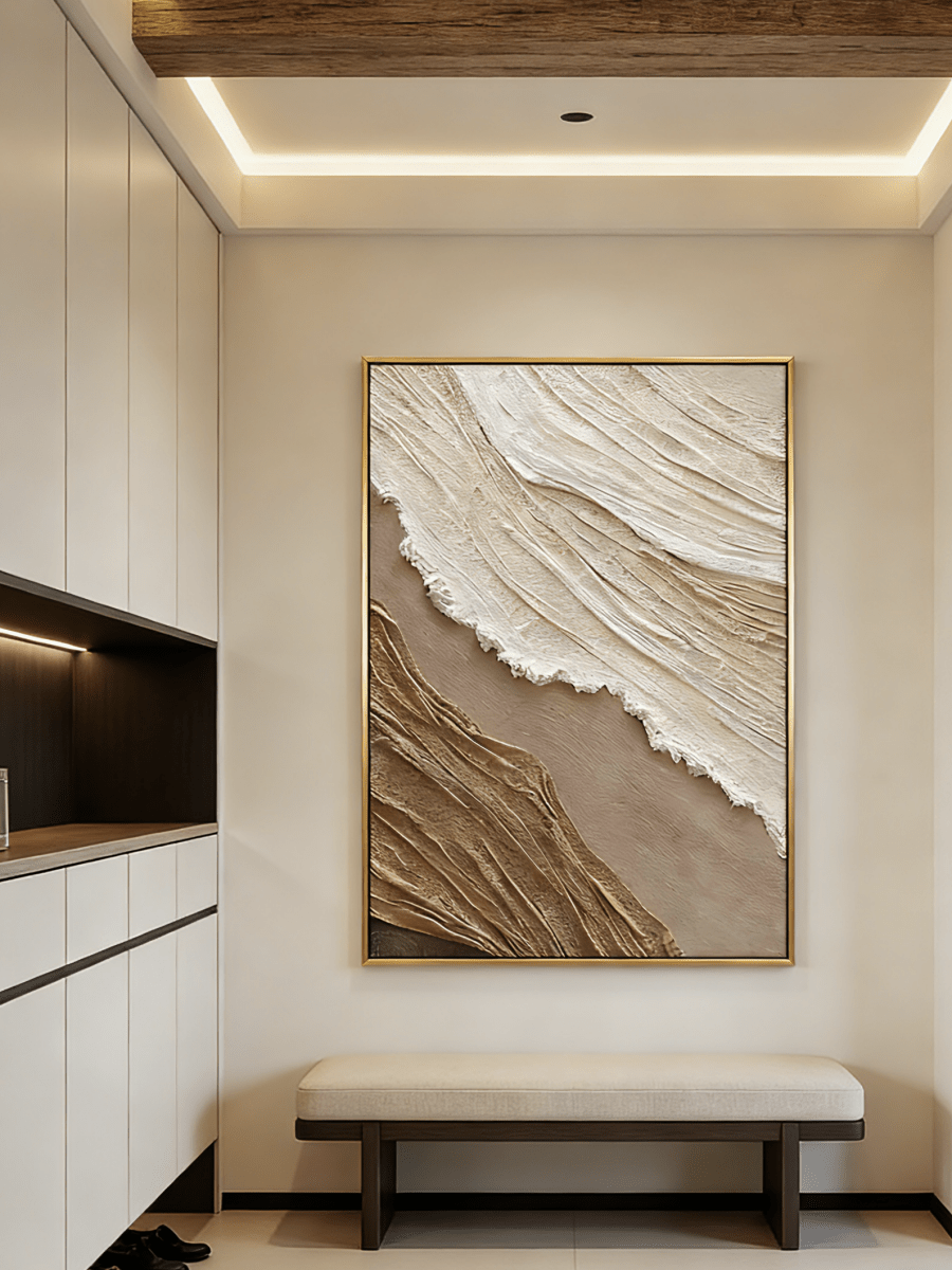 Extra large vertical 3D textured abstract painting with heavy white and beige impasto ridges for modern neutral living room.
