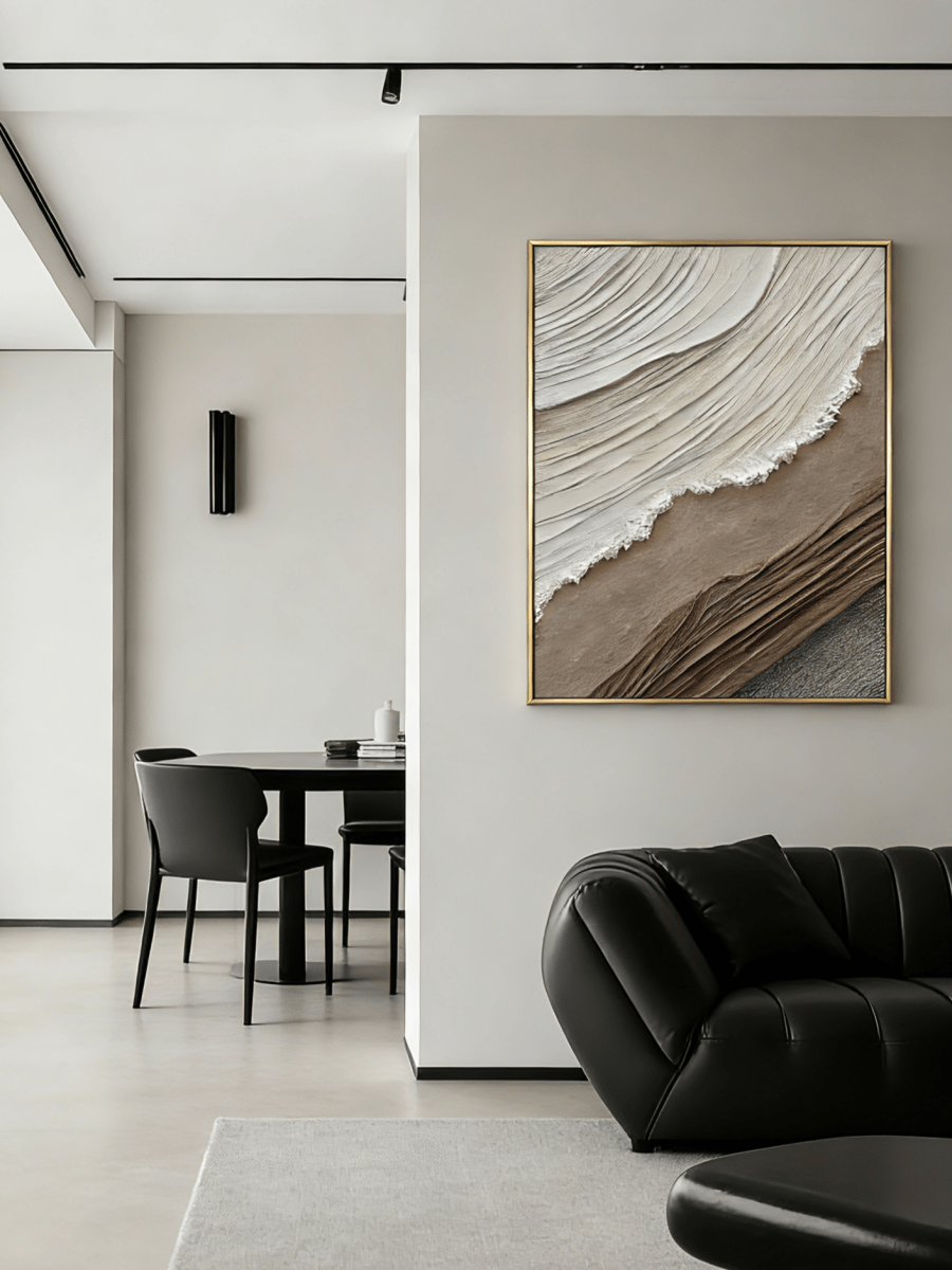 Extra large vertical 3D textured abstract painting with heavy white and brown impasto waves for a modern neutral living room.