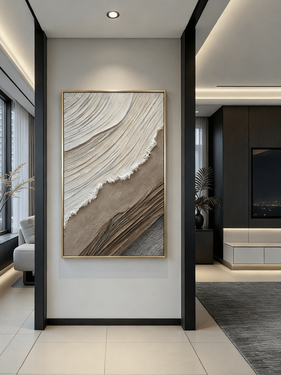 Extra large vertical 3D textured abstract painting with heavy white and brown impasto waves for a modern neutral living room.