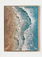 Aerial view of turquoise ocean waves with 3D textured white foam and tiny people on the beach, hand-painted by Leo Liang.