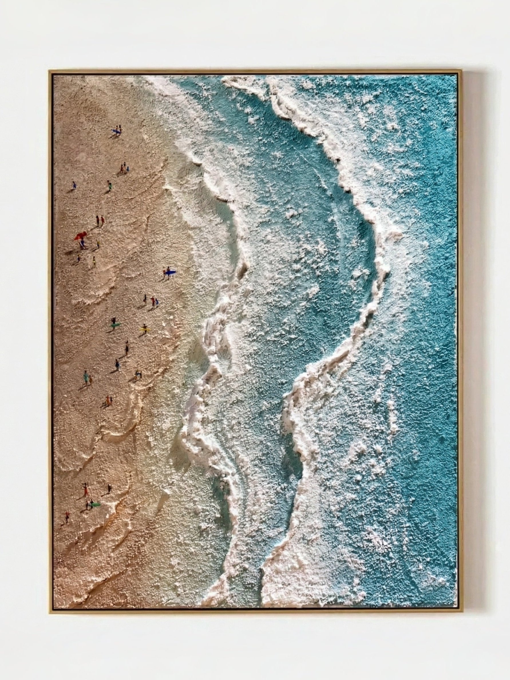Aerial view of turquoise ocean waves with 3D textured white foam and tiny people on the beach, hand-painted by Leo Liang.