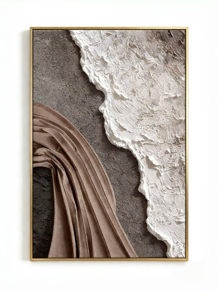 Large vertical 3D textured abstract painting featuring sculptural white and brown fabric-like impasto ridges on a grey mineral background.