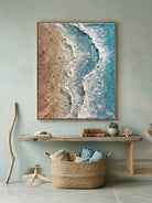 Aerial view of turquoise ocean waves with 3D textured white foam and tiny people on the beach, hand-painted by Leo Liang.