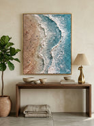 Aerial view of turquoise ocean waves with 3D textured white foam and tiny people on the beach, hand-painted by Leo Liang.