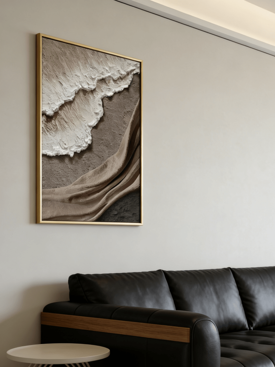 Large vertical 3D textured abstract painting with heavy white and brown impasto ridges for a modern neutral living room.