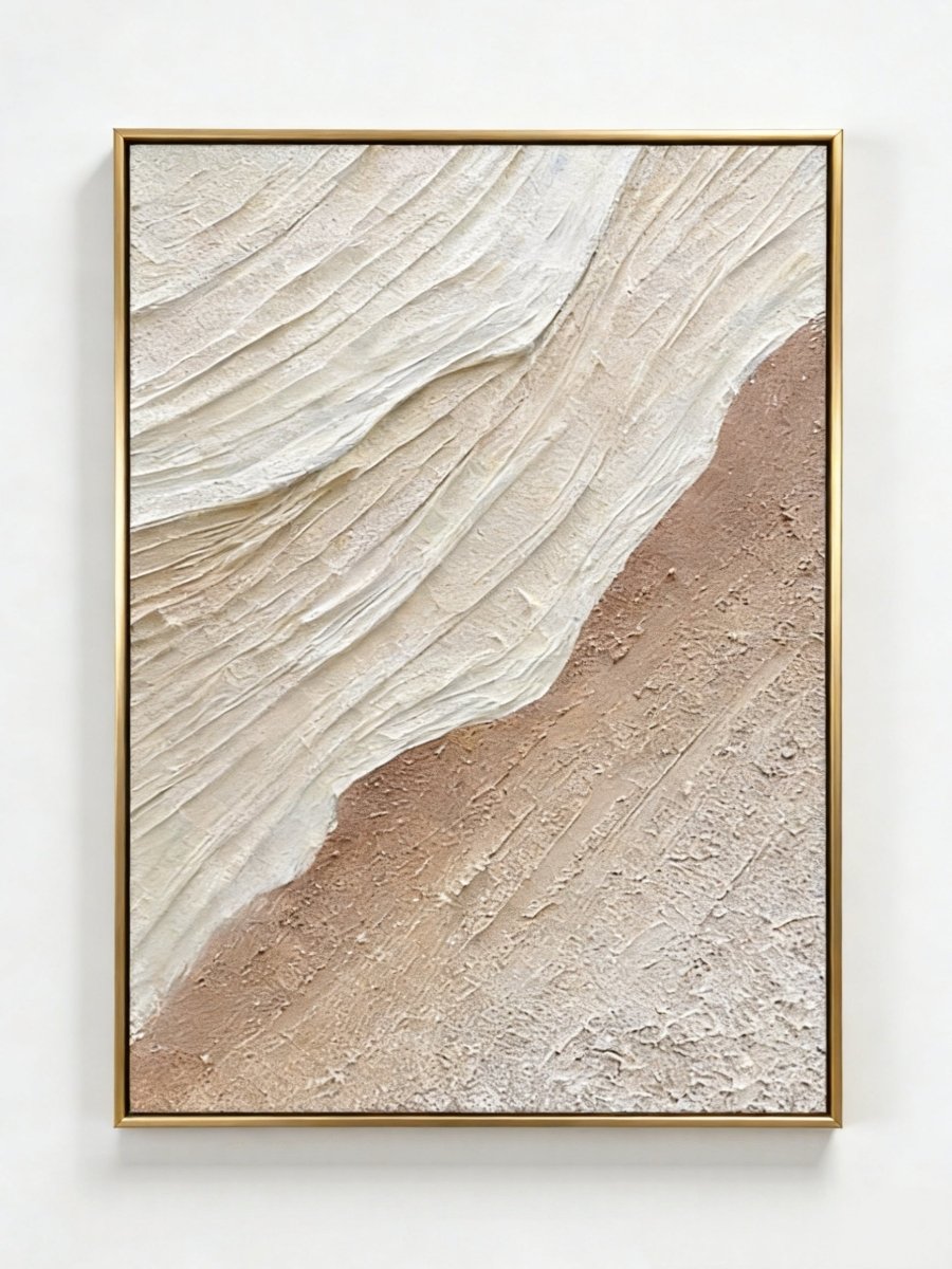 Large vertical 3D textured abstract painting with heavy sand-colored impasto ridges in a modern minimalist living room.