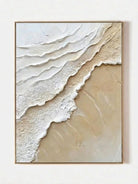 Large vertical 3D textured abstract painting with heavy white and beige impasto wave ridges for a modern neutral living room.