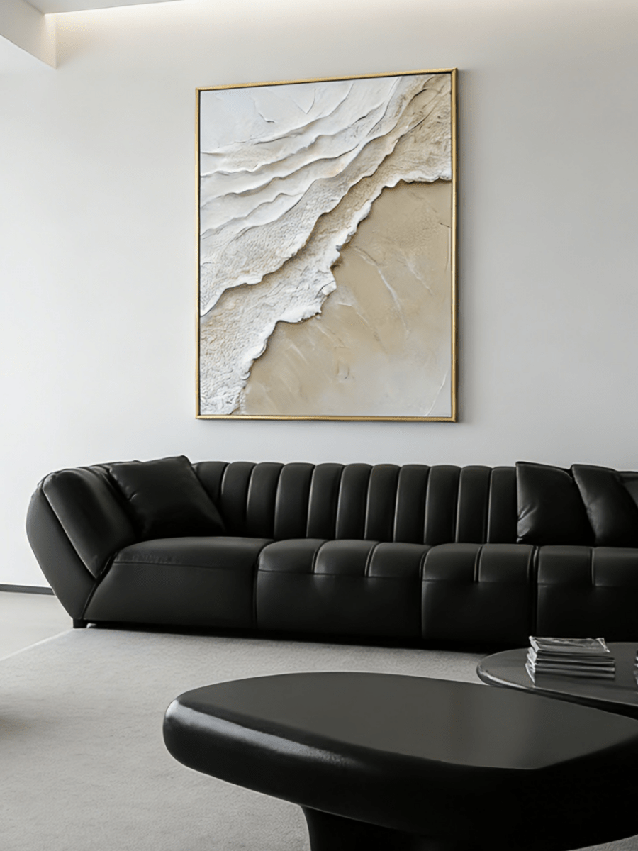 Large vertical 3D textured abstract painting with heavy white and beige impasto wave ridges for a modern neutral living room.