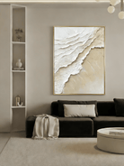 Large vertical 3D textured abstract painting with heavy white and beige impasto wave ridges for a modern neutral living room.