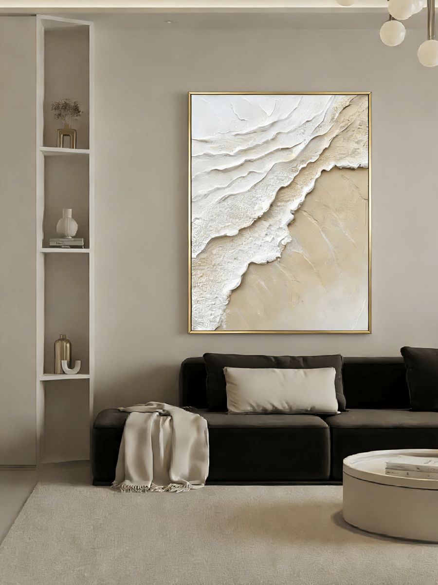 Large vertical 3D textured abstract painting with heavy white and beige impasto wave ridges for a modern neutral living room.