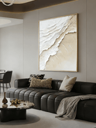 Large vertical 3D textured abstract painting with heavy white and beige impasto wave ridges for a modern neutral living room.
