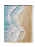 Large vertical 3D textured ocean wave painting featuring white impasto foam and turquoise water on a sandy beach background.