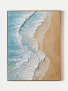 Large vertical 3D textured ocean wave painting featuring white impasto foam and turquoise water on a sandy beach background.