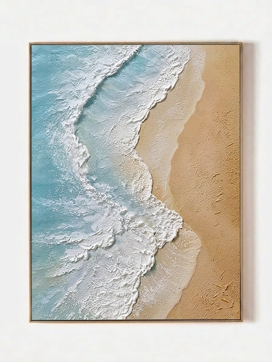 Large vertical 3D textured ocean wave painting featuring white impasto foam and turquoise water on a sandy beach background.