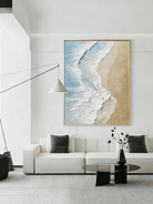 Large vertical 3D textured ocean wave painting featuring white impasto foam and turquoise water on a sandy beach background.