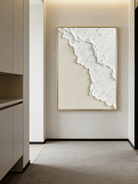 Extra large vertical 3D white textured abstract painting with heavy impasto sculptural ridges for a minimalist modern living room.