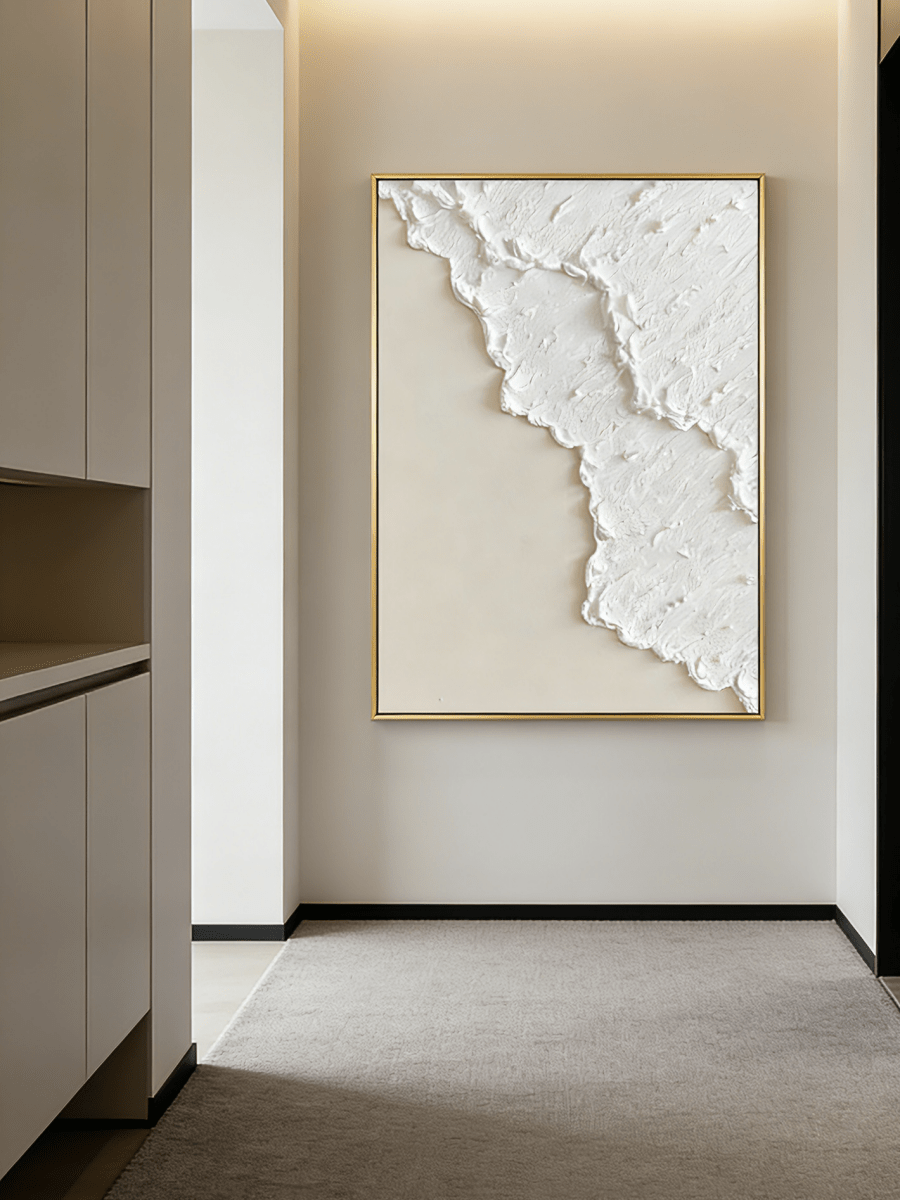 Extra large vertical 3D white textured abstract painting with heavy impasto sculptural ridges for a minimalist modern living room.