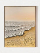 Hand-painted 3D heavy textured abstract beach sunset painting on canvas by Leo Liang, soft pink and ginger yellow wabi-sabi wall art for modern living room decor.