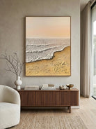 Hand-painted 3D heavy textured abstract beach sunset painting on canvas by Leo Liang, soft pink and ginger yellow wabi-sabi wall art for modern living room decor.
