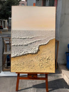 Hand-painted 3D heavy textured abstract beach sunset painting on canvas by Leo Liang, soft pink and ginger yellow wabi-sabi wall art for modern living room decor.