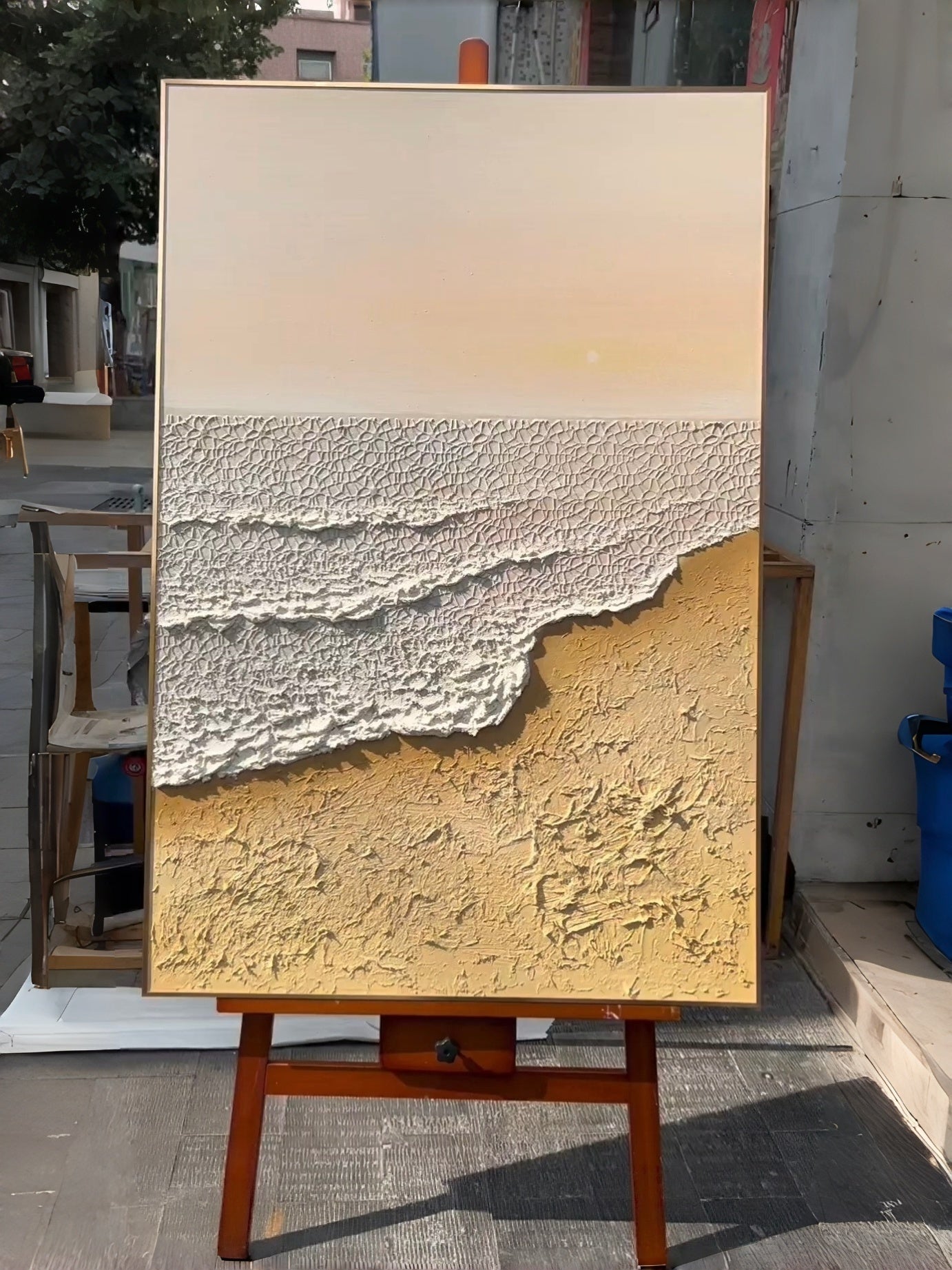 Hand-painted 3D heavy textured abstract beach sunset painting on canvas by Leo Liang, soft pink and ginger yellow wabi-sabi wall art for modern living room decor.