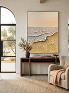 Hand-painted 3D heavy textured abstract beach sunset painting on canvas by Leo Liang, soft pink and ginger yellow wabi-sabi wall art for modern living room decor.