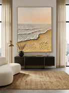 Hand-painted 3D heavy textured abstract beach sunset painting on canvas by Leo Liang, soft pink and ginger yellow wabi-sabi wall art for modern living room decor.