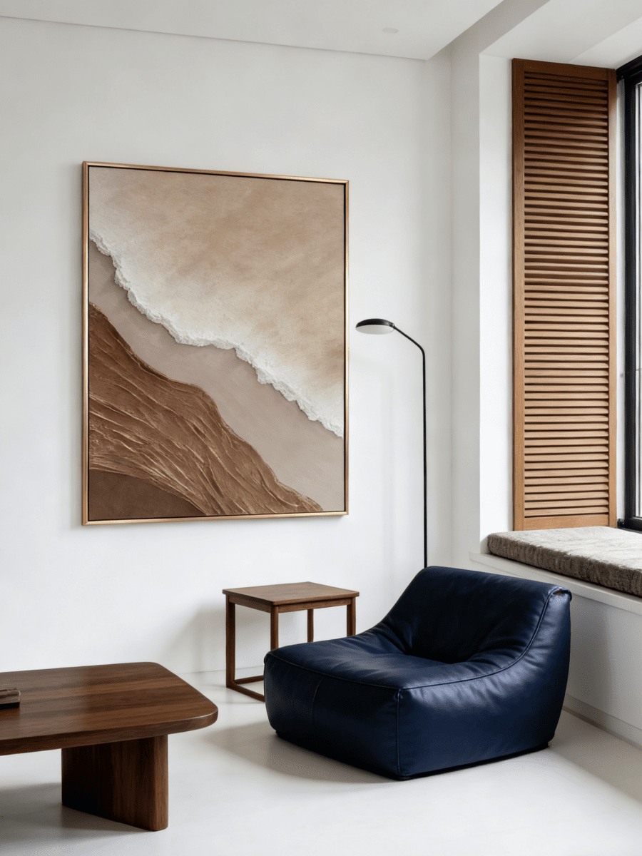 Close-up of a hand-painted 3D textured abstract beach painting featuring heavy wave-like ridges in sand beige and ochre in a gold frame.