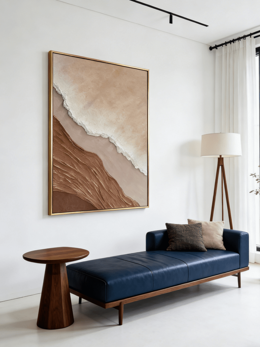 Close-up of a hand-painted 3D textured abstract beach painting featuring heavy wave-like ridges in sand beige and ochre in a gold frame.